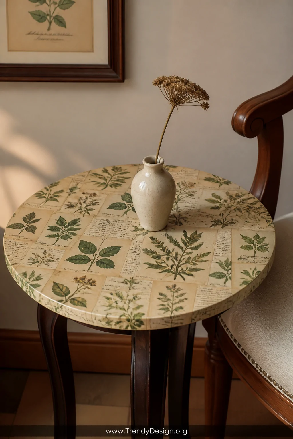 A medium shot of a small wooden accent table top completely decoupaged with overlapping vintage botanical prints in muted gre