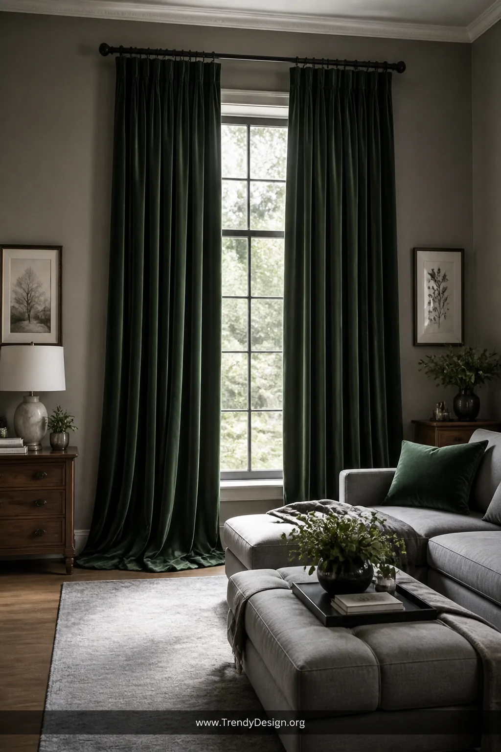 Wide shot of a grey living room with floor-to-ceiling deep forest green velvet drapes hung high and wide framing a tall windo