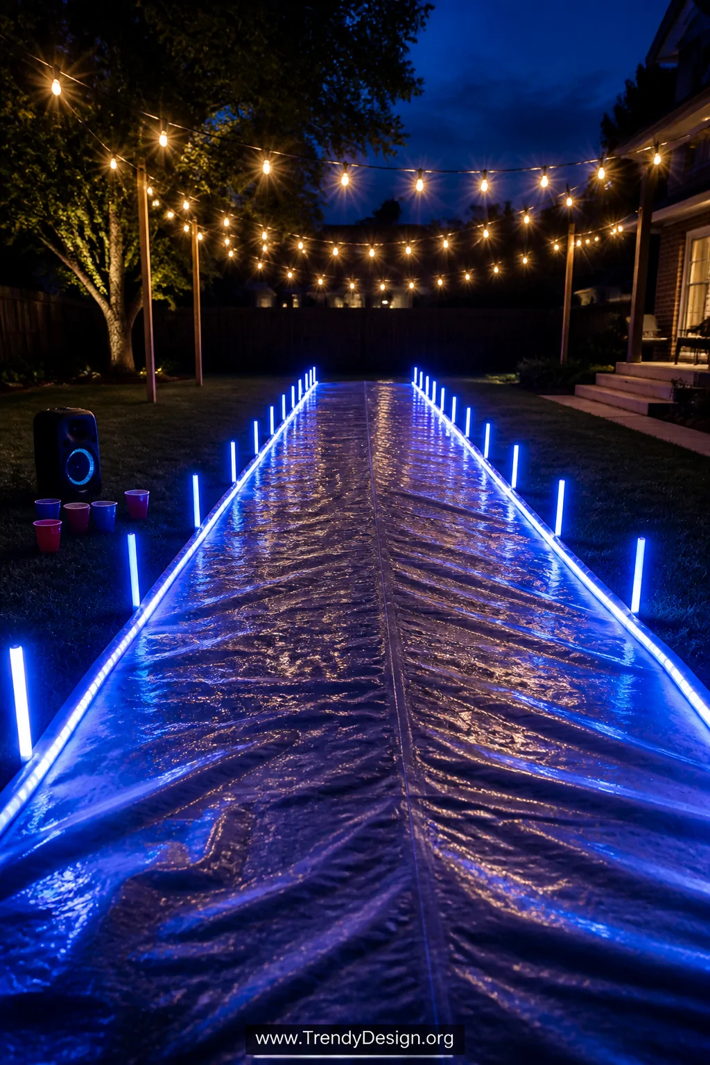 Dramatic wide-angle photorealistic nighttime backyard scene showing a long plastic tarp flanked on both sides by vivid waterp