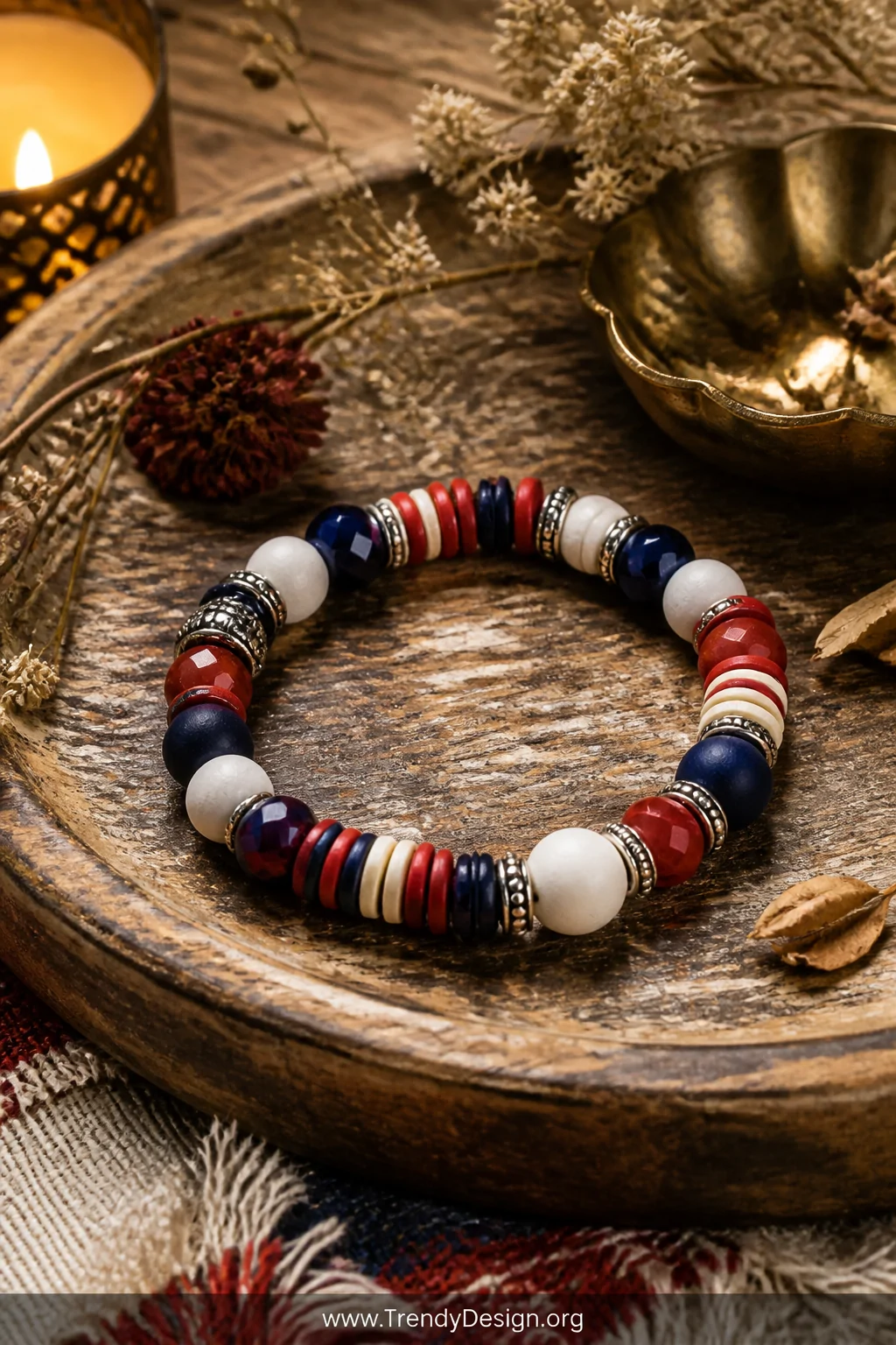 A medium styled shot on a weathered bohemian wooden tray of a clay bead bracelet combining smooth round matte beads, faceted 