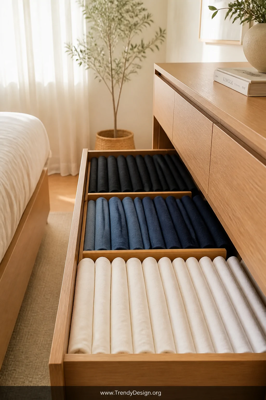A wide shot of an open wooden dresser drawer filled with neatly folded t-shirts standing upright in tight vertical rows, colo