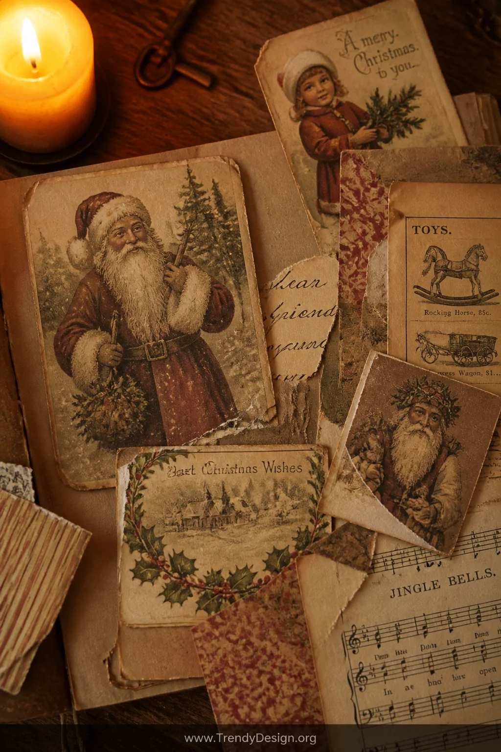 Extreme closeup detail shot of a weathered wooden table surface scattered with Victorian-era Christmas ephemera   sepia-toned