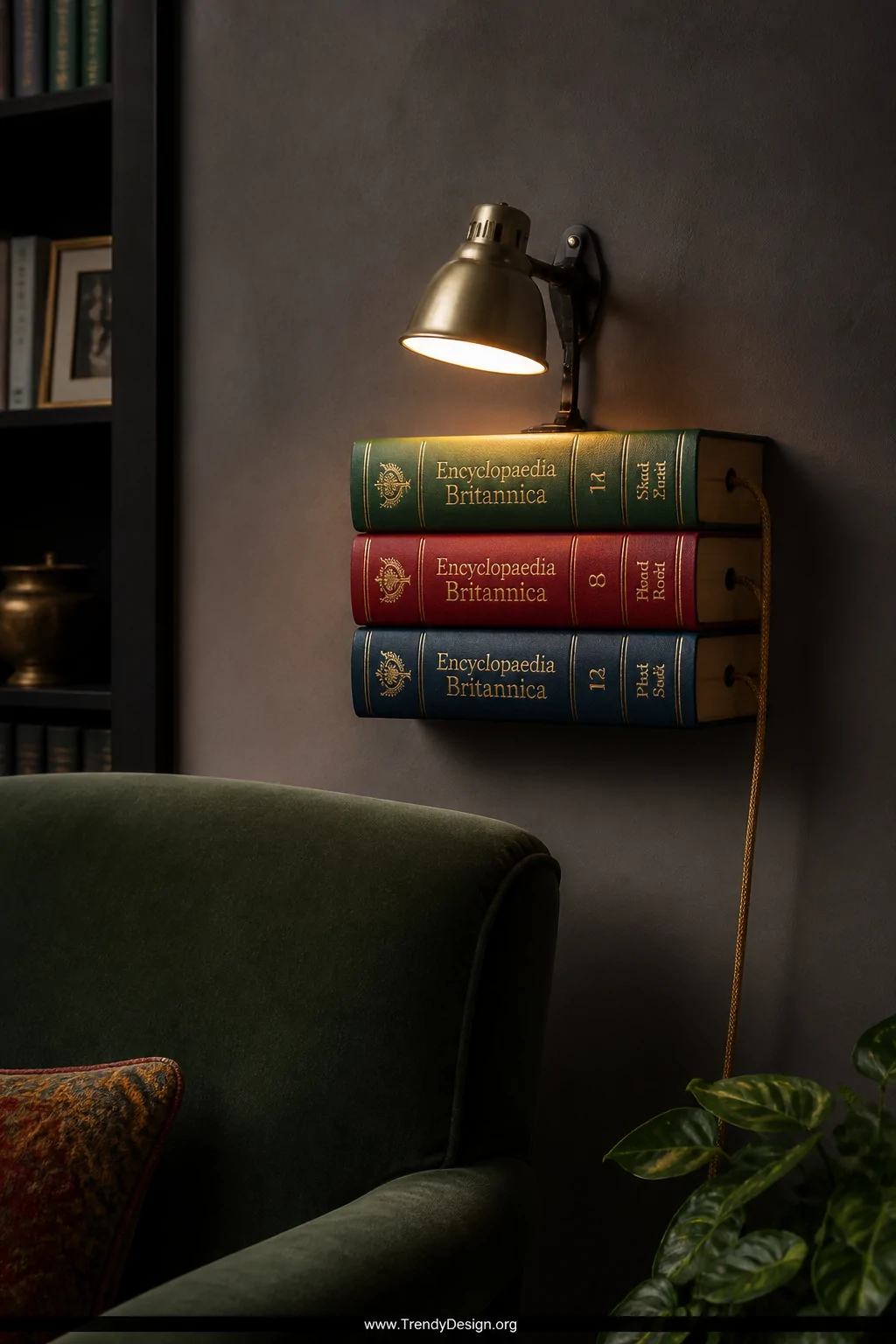 A medium shot of a moody reading nook wall displaying a sculptural lamp made from three stacked vintage hardcover encyclopedi