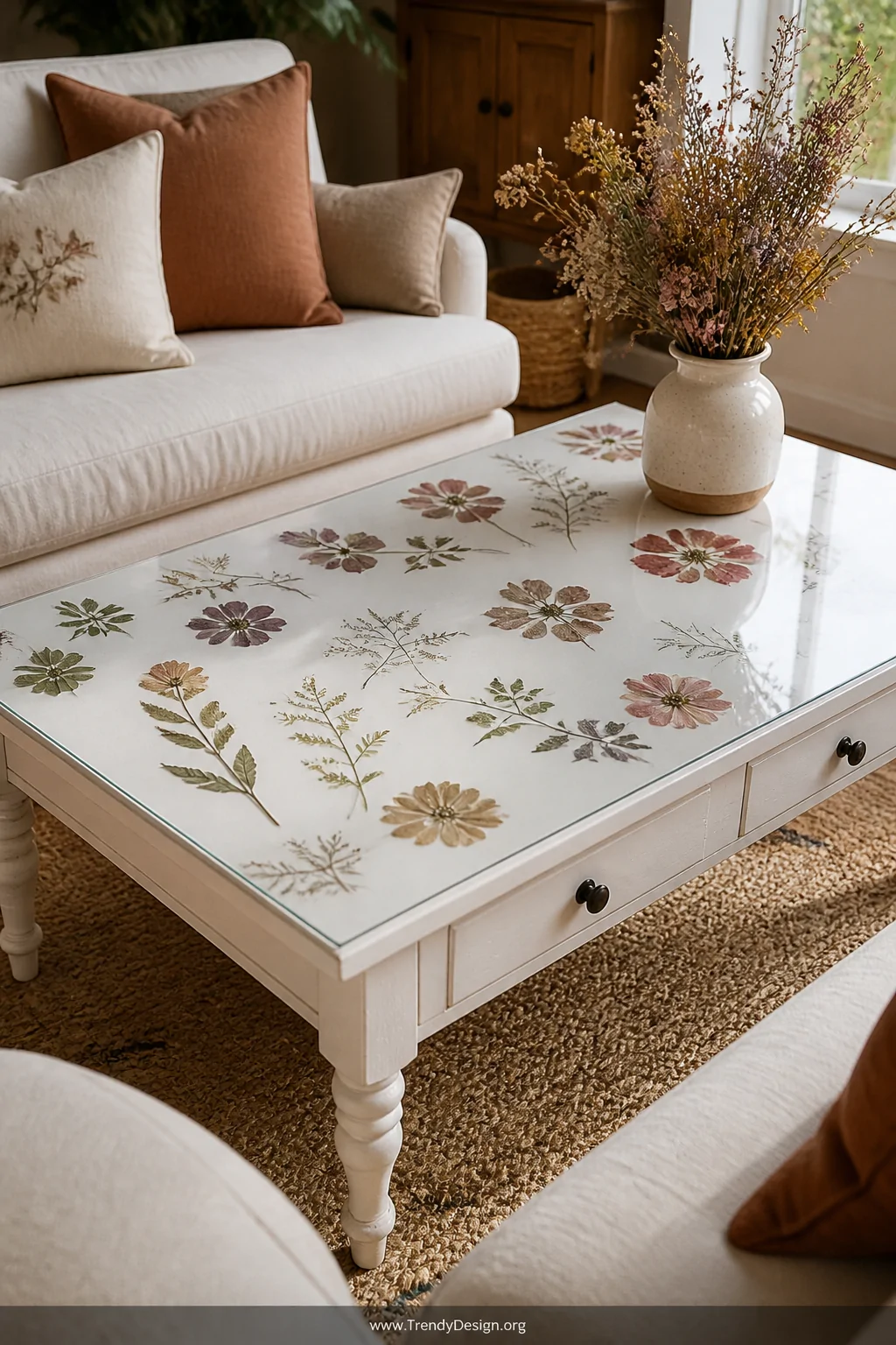 A medium shot of a white-painted cottage-style coffee table decorated with delicate pressed botanicals and printed floral ill