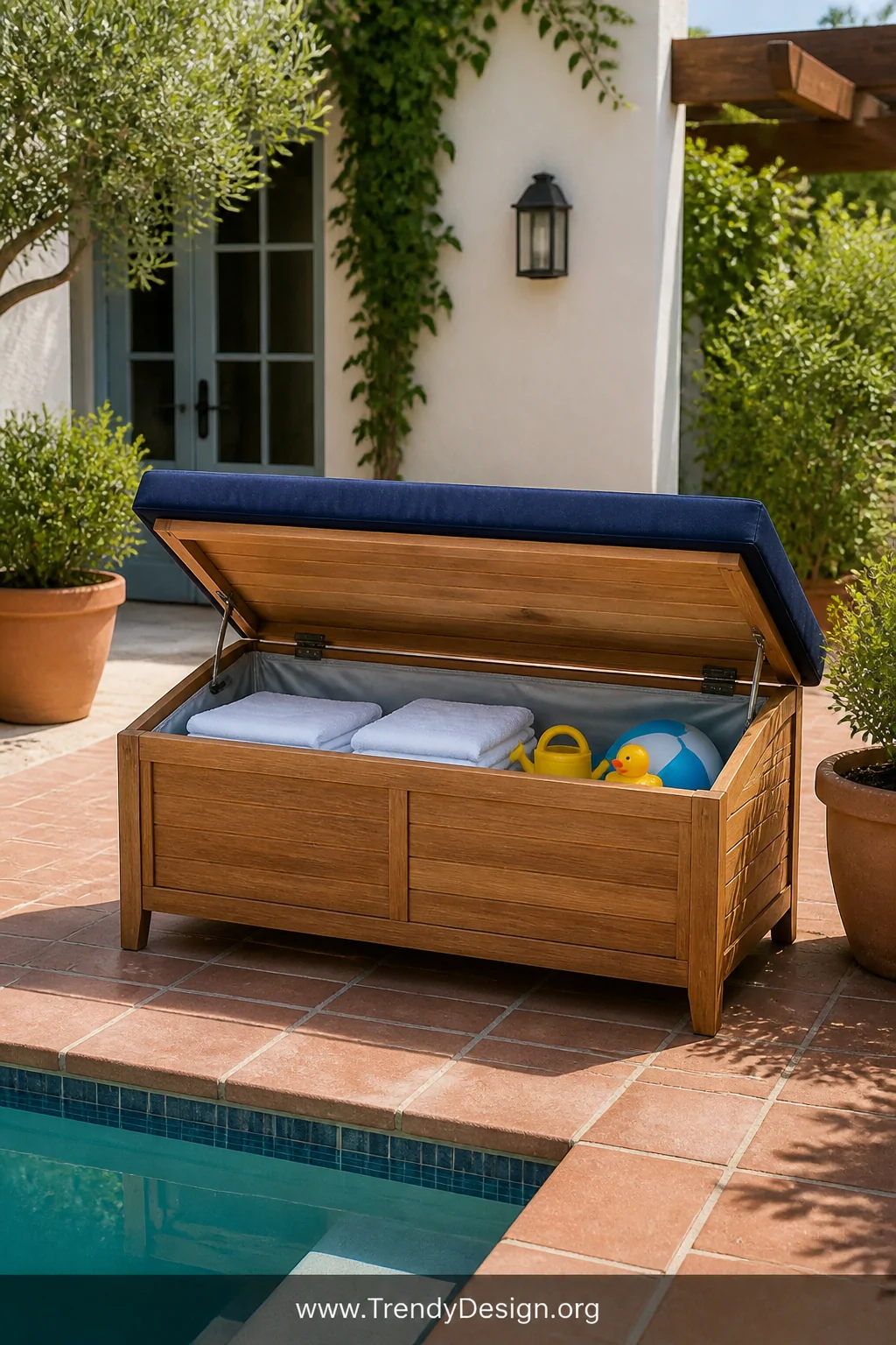 Wide shot of a teak storage bench with a lift-up lid propped open to reveal neatly folded white towels and colorful pool toys