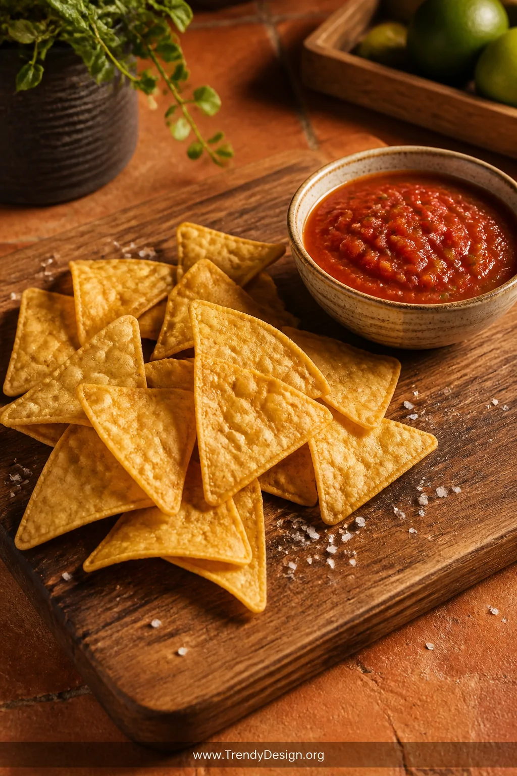 A close-up shot of a rustic wooden serving board topped with golden, perfectly crunchy homemade tortilla chips arranged in a 