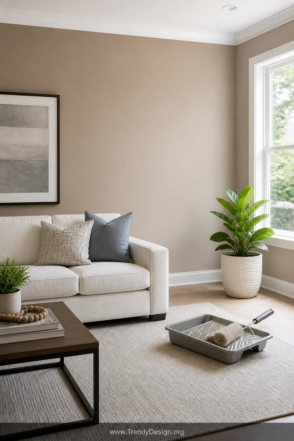 A bright, freshly painted accent wall in a clean, modern living room showing a smooth matte finish in warm greige, with a thi
