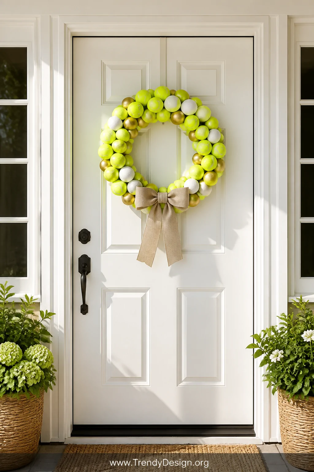 A wide shot of a charming front door vignette with a white paneled door, featuring a large circular tennis ball wreath mounte
