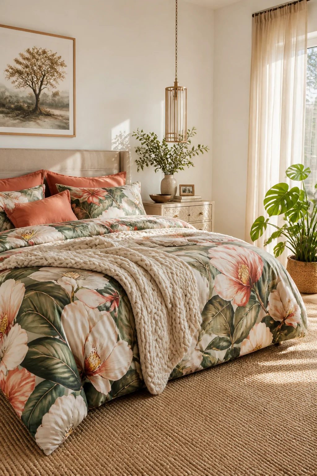 A wide bedroom shot flooded with warm natural sunlight streaming through sheer curtains, featuring a king-size bed dressed in