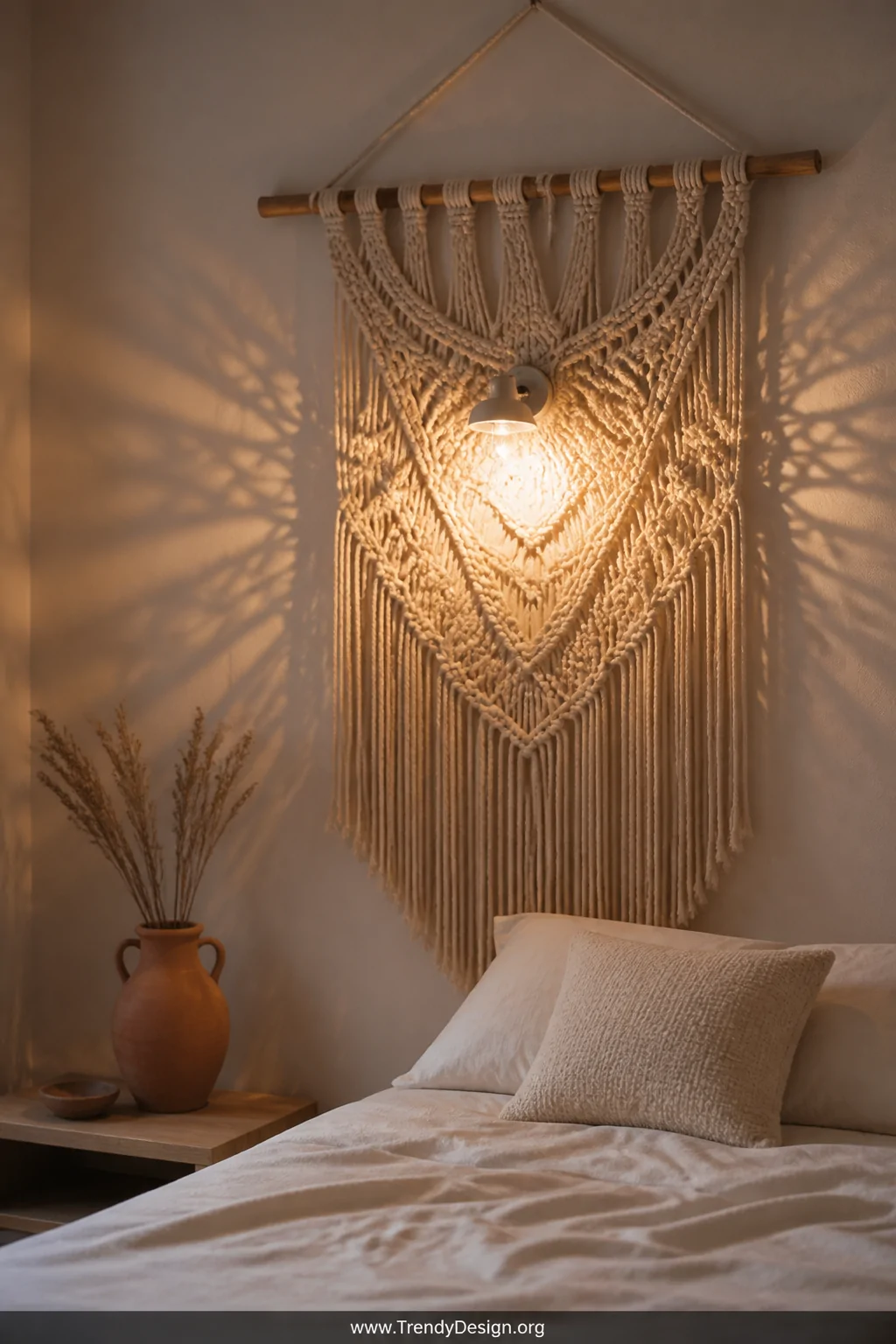 A medium shot of a cozy bohemian bedroom wall showcasing a large cream cotton macramé panel with a small plug-in lamp clipped