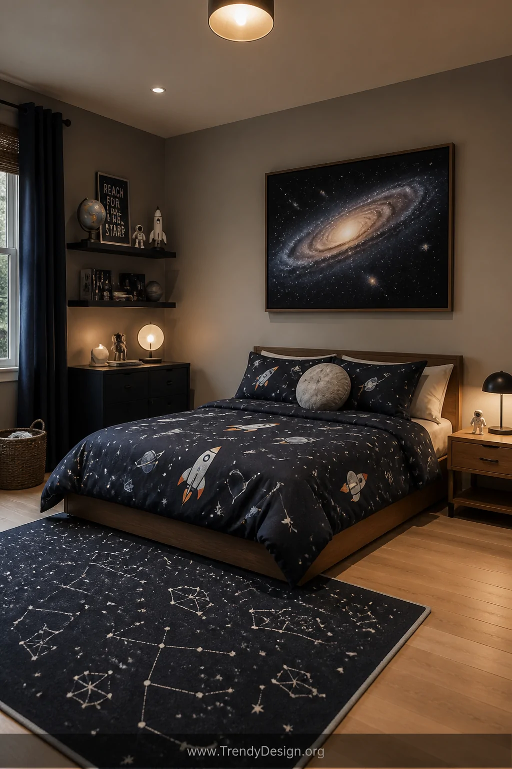Wide-angle photorealistic shot of a cozy little boy's bedroom built around a space exploration theme, featuring a neutral gre