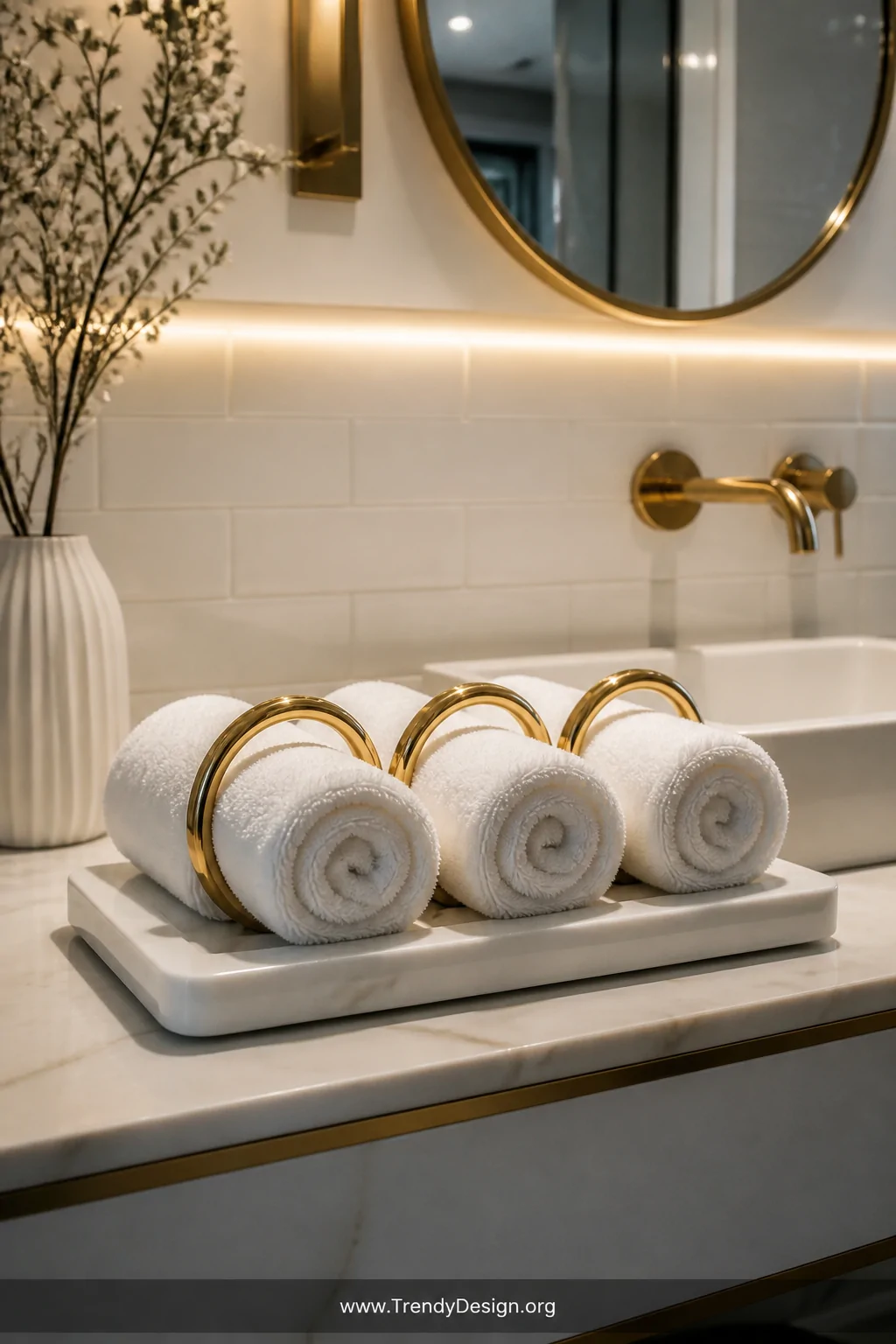 A wide styled shot of three neatly rolled white bath towels each threaded through a polished gold metallic ring, arranged on 