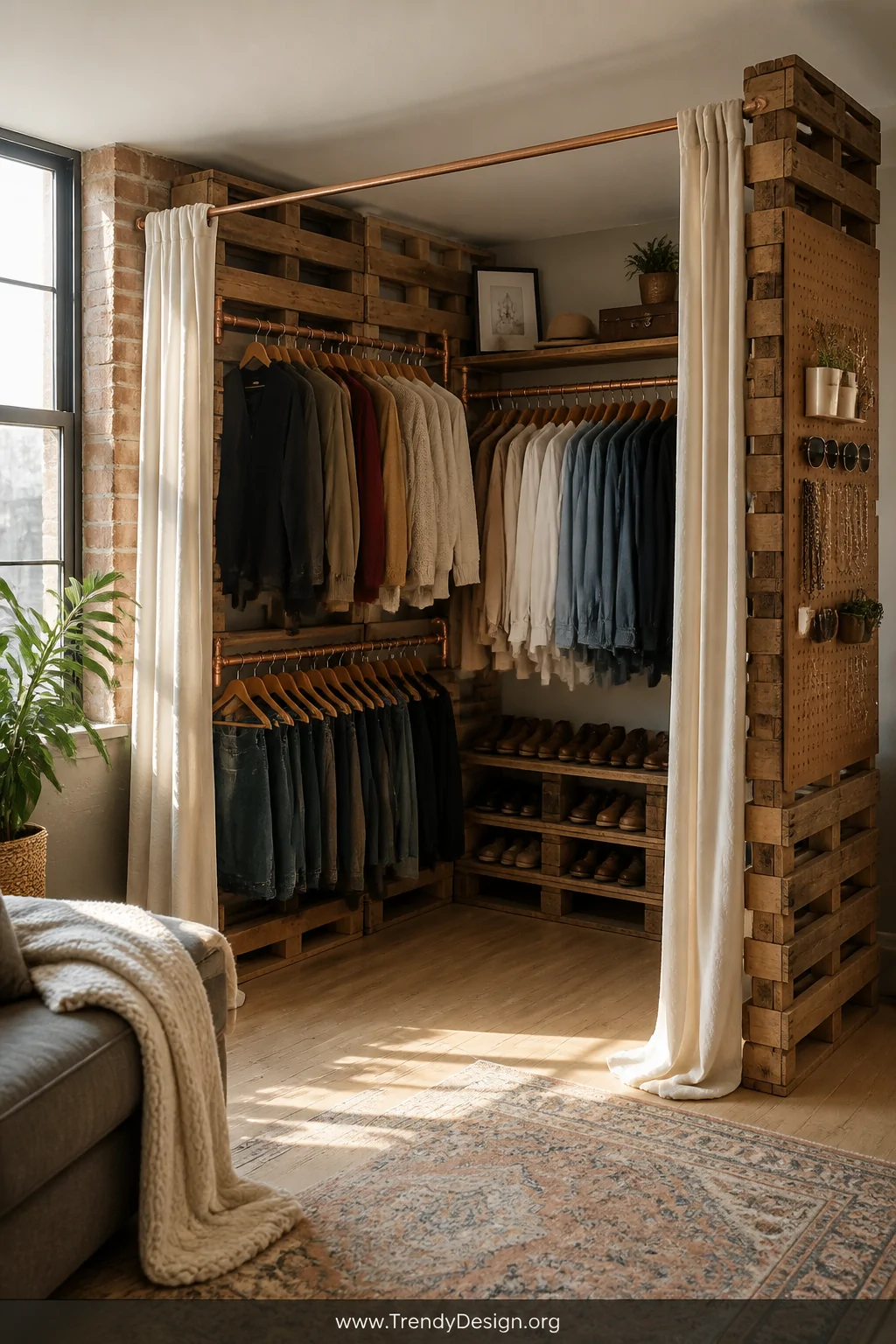 Wide shot of a cozy loft apartment corner converted into a DIY walk-in closet using six stacked raw wood pallets framing two 