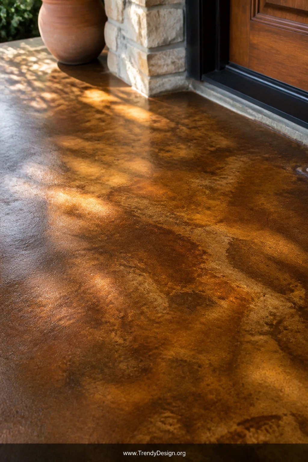 Close-up shot of an acid-stained concrete porch surface revealing a rich, unpredictable marbled finish in warm amber, deep si
