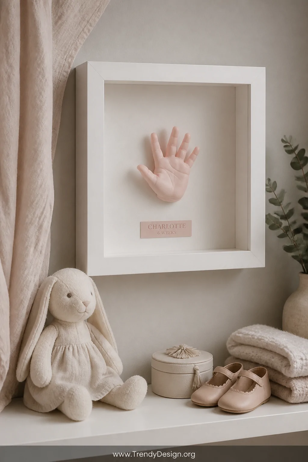 A soft intimate nursery shelf shot displaying a tiny pale pink tinted wax child's hand cast in delicate detail, nestled insid