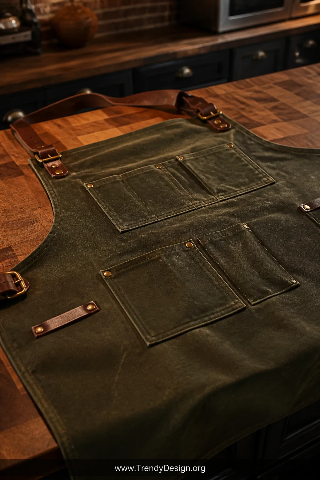 A closeup detail shot of a rich dark olive waxed canvas utility apron laid across a heavy butcher block countertop, showing m