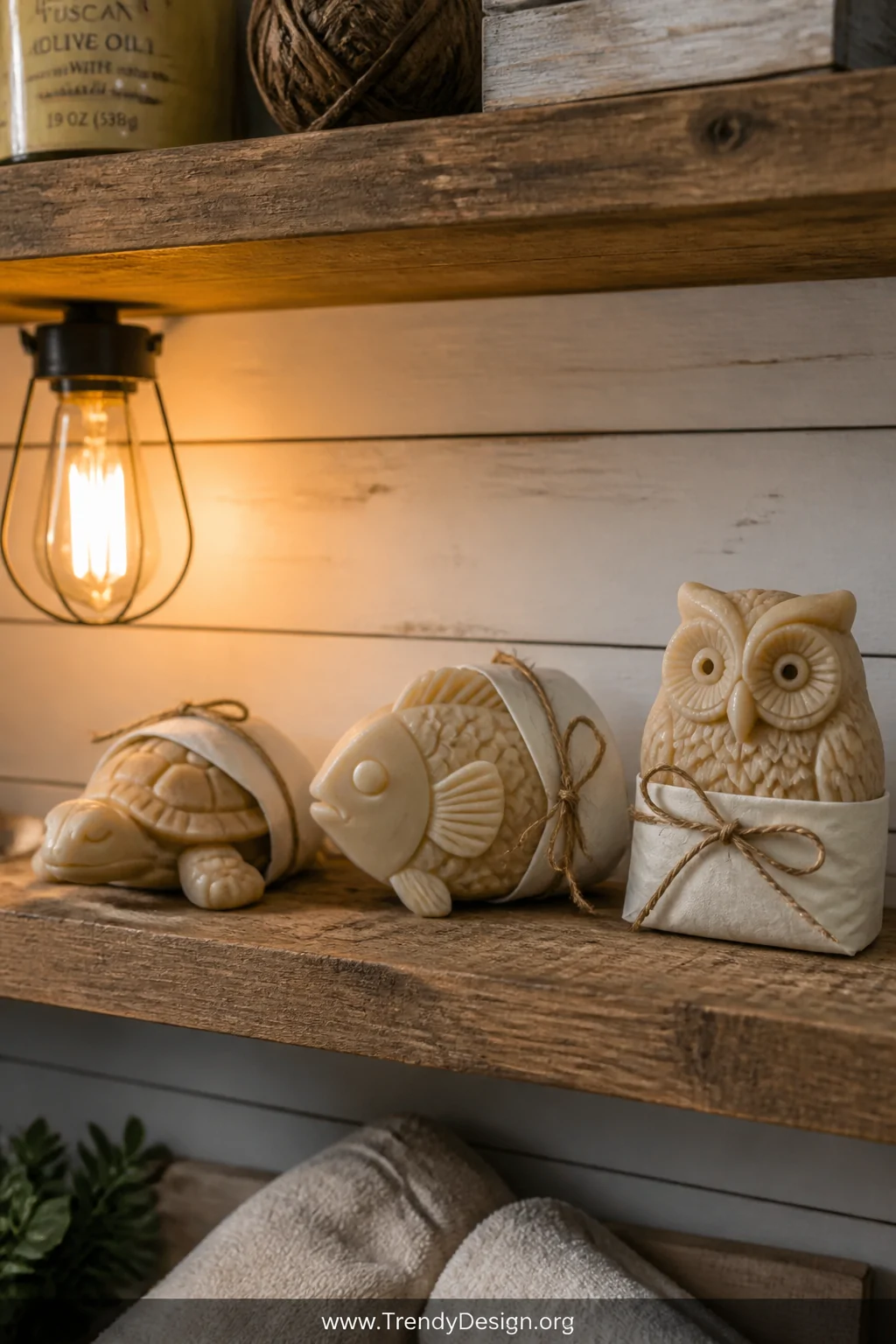 A medium shot of a rustic wooden bathroom shelf displaying hand-carved animal-shaped soaps including a small turtle, fish, an