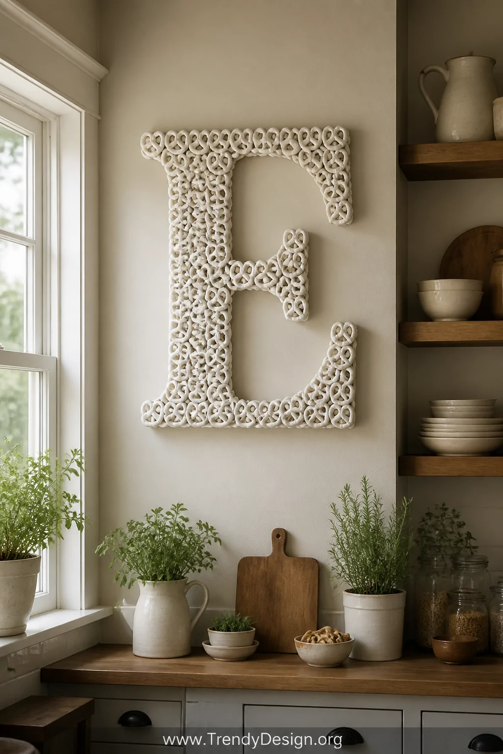 A medium shot of a warm farmhouse kitchen wall displaying a large monogram letter covered entirely in pretzels painted in mat