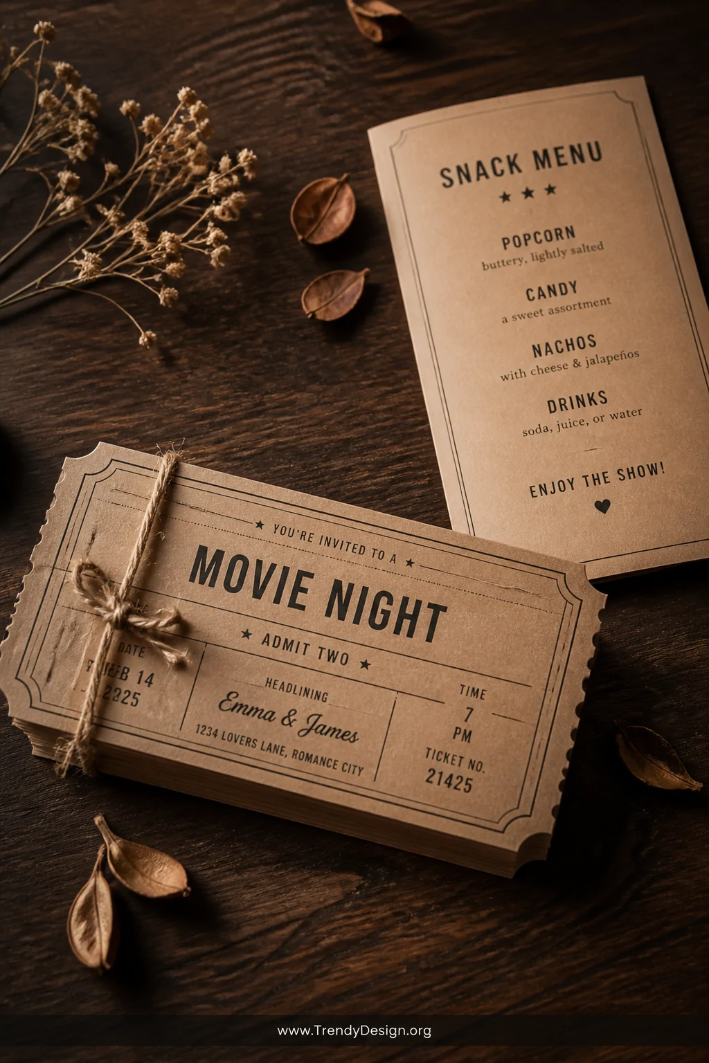 Close-up flat lay shot of personalized movie night tickets printed on textured kraft paper with elegant vintage typography, a