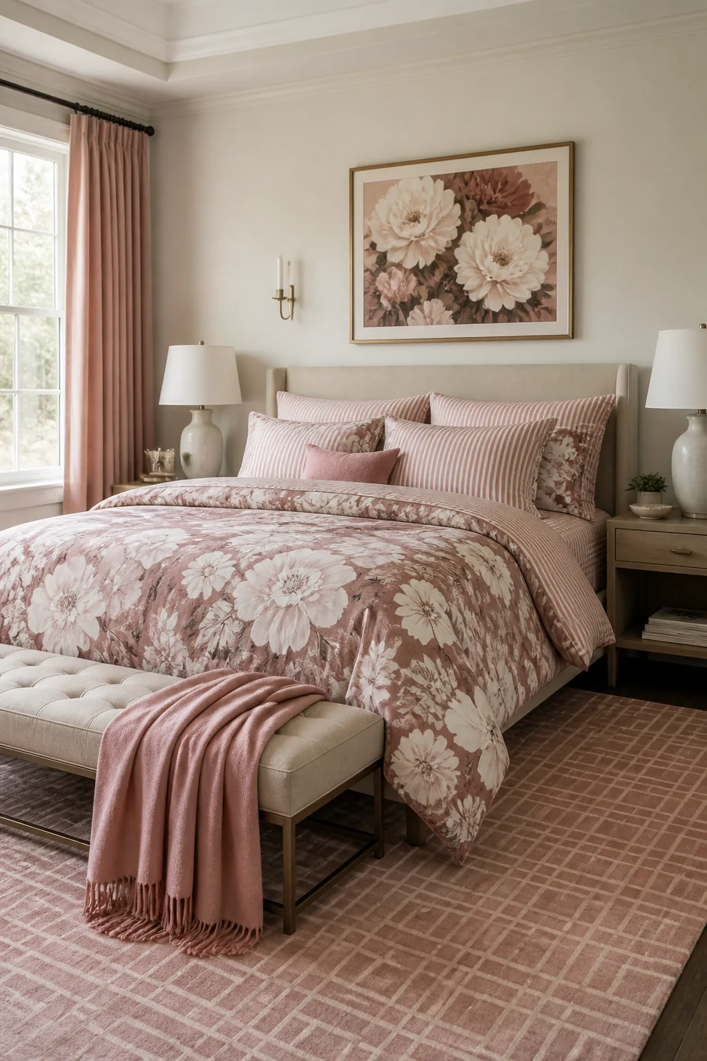 Wide shot of a designer-styled bedroom featuring a large-scale floral duvet in dusty rose and ivory paired with small-scale t