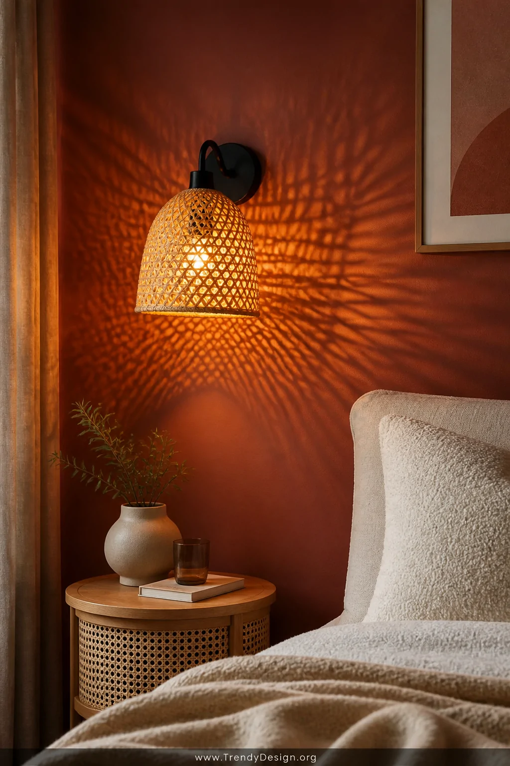 A medium shot of a warm bedroom corner featuring a woven rattan pendant shade converted into a wall-mounted lamp, intricate d