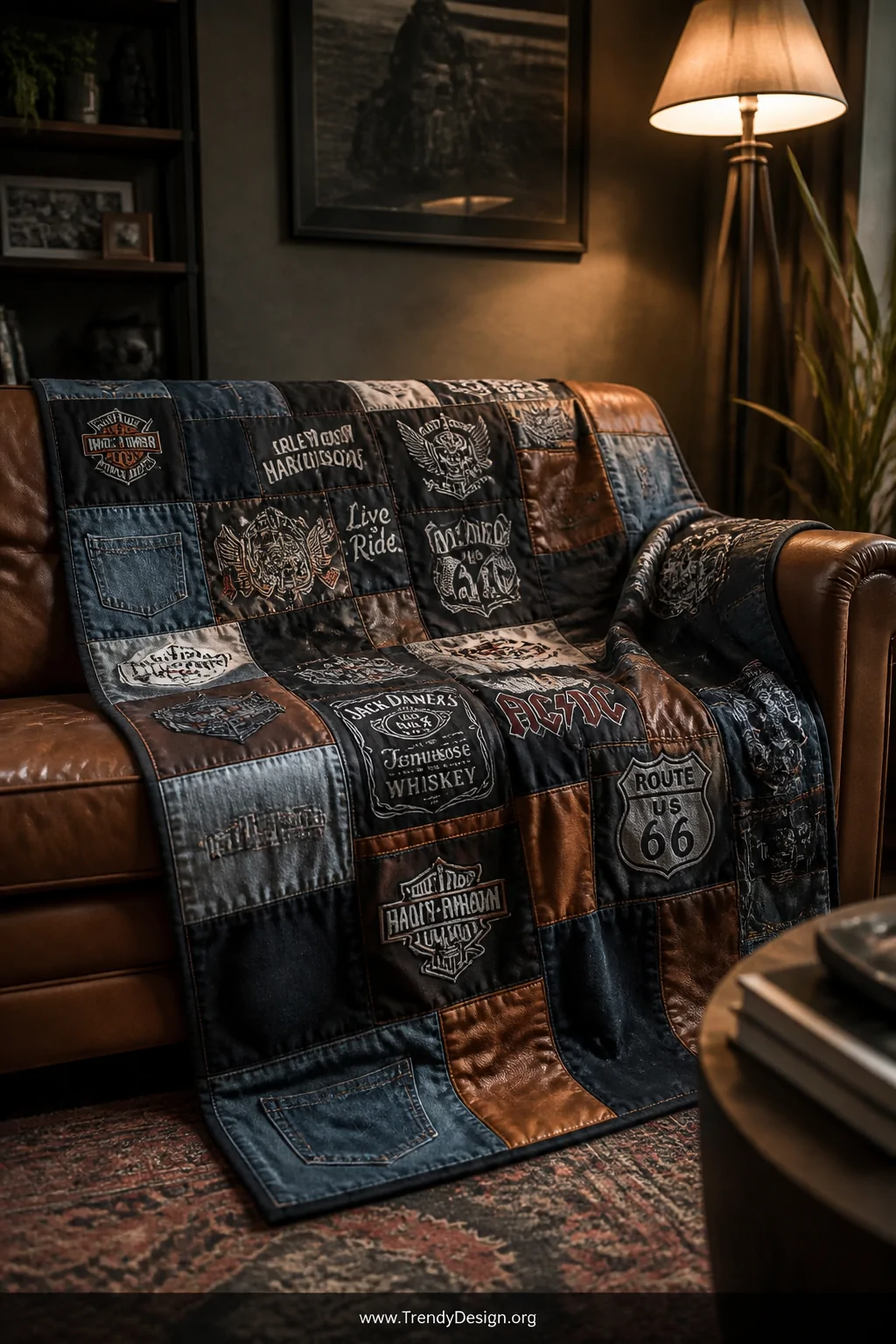 Medium shot of a rich brown leather sofa draped with a handcrafted patchwork quilt assembled from motorcycle club patches, de