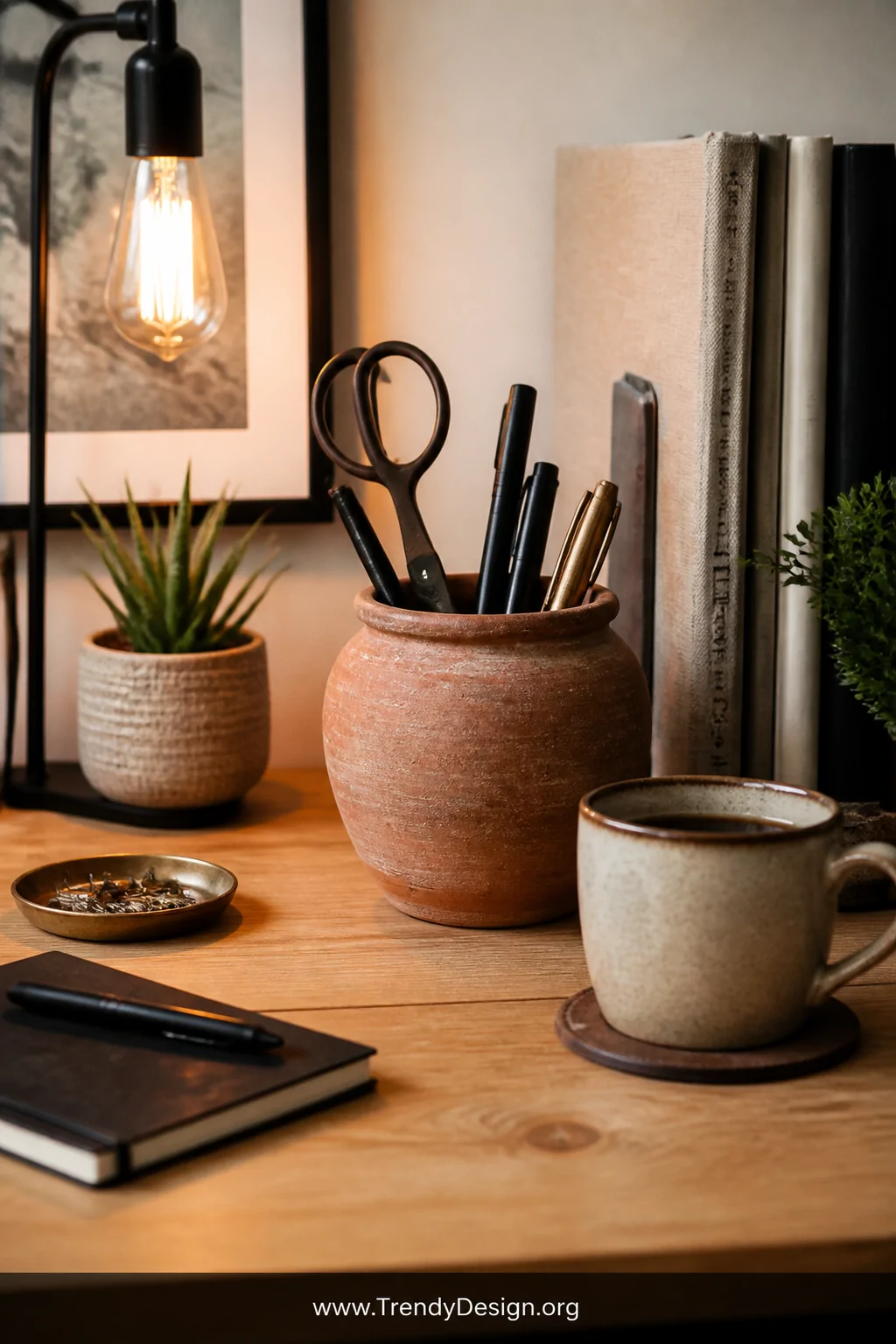 Medium shot of a rustic terracotta pot sitting on a light oak desk surface holding scissors upright alongside pens and marker