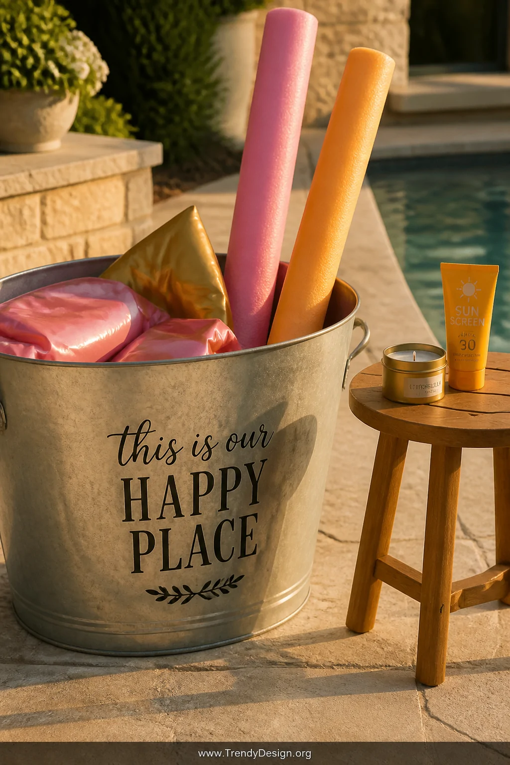 A close-up styled vignette of an oversized galvanized metal tub sitting on sandy beige pool pavers, its brushed silver surfac