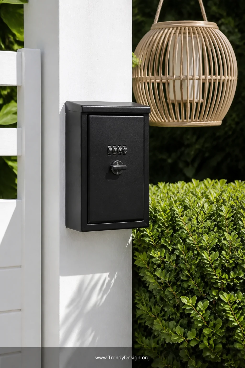 A medium shot of a hardened matte black steel combination lockbox mounted firmly to a white painted wooden fence post, flanke