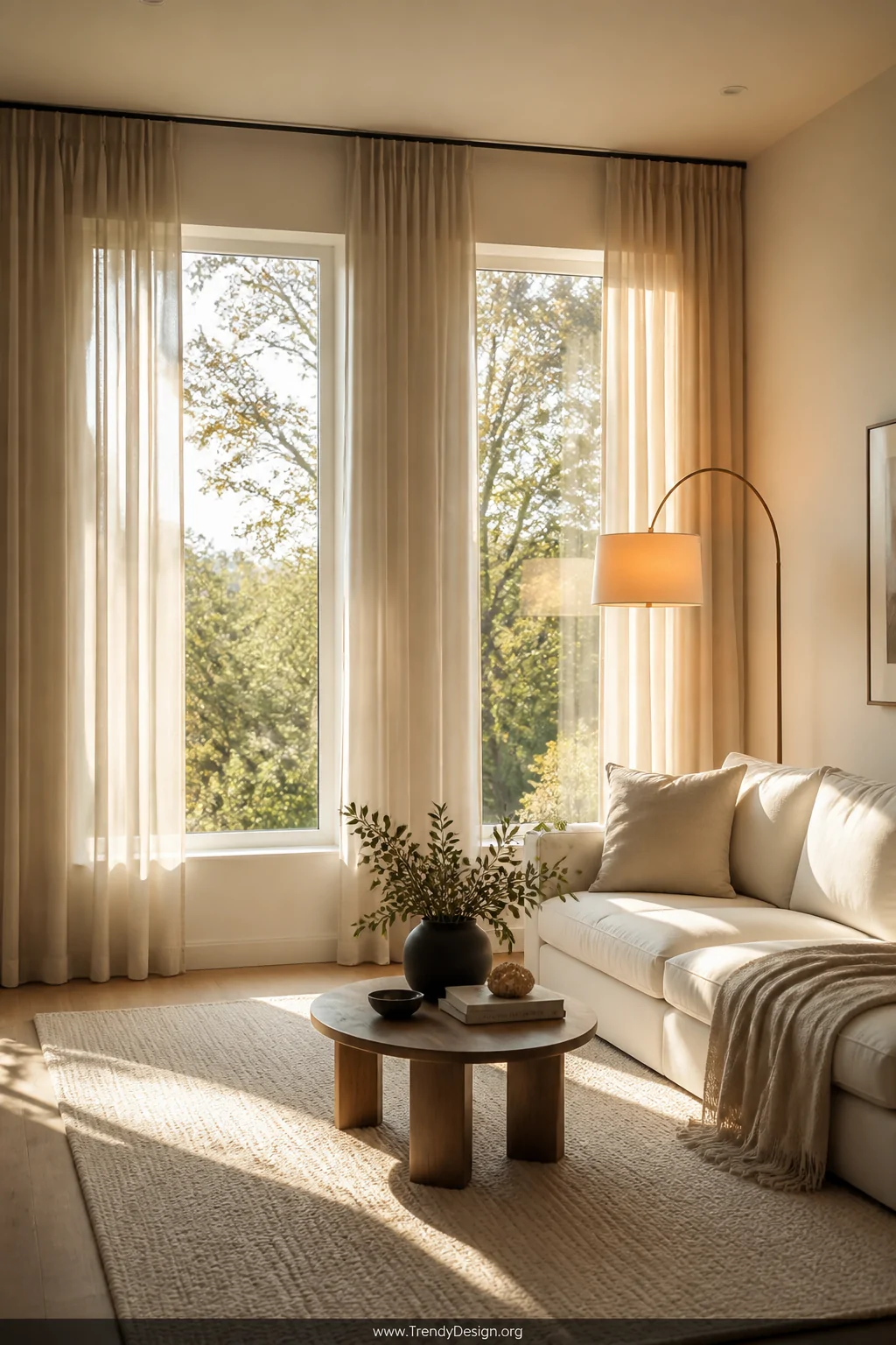 Wide interior shot of a bright small lounge room with floor-length sheer linen curtains hung close to the ceiling framing tal