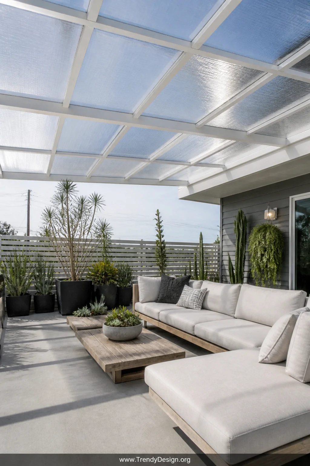 A wide shot of a modern deck covered with flat, crystal-clear multi-wall polycarbonate panels mounted on sleek white aluminum