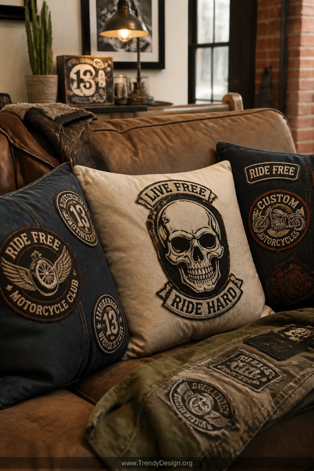 Medium closeup shot of a rustic couch styled with canvas and denim throw pillow covers featuring asymmetrically placed embroi