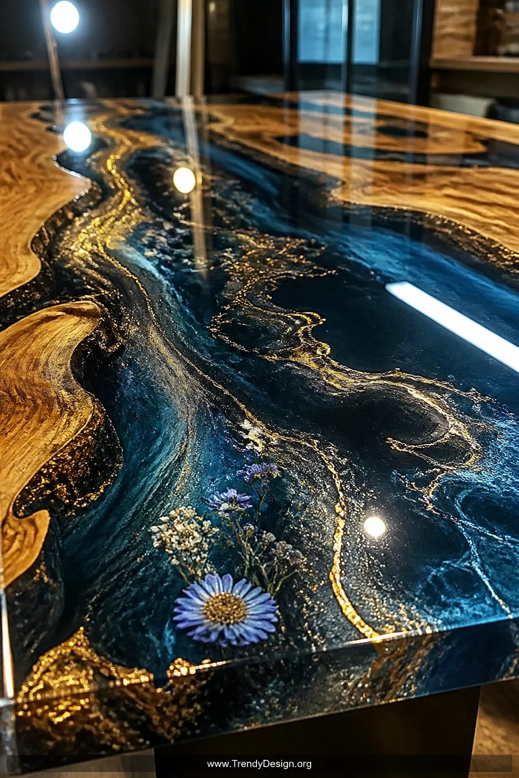 A dramatic close-up of a table surface mid-cure with a deep blue and gold epoxy resin pour, swirling metallic pigments suspen