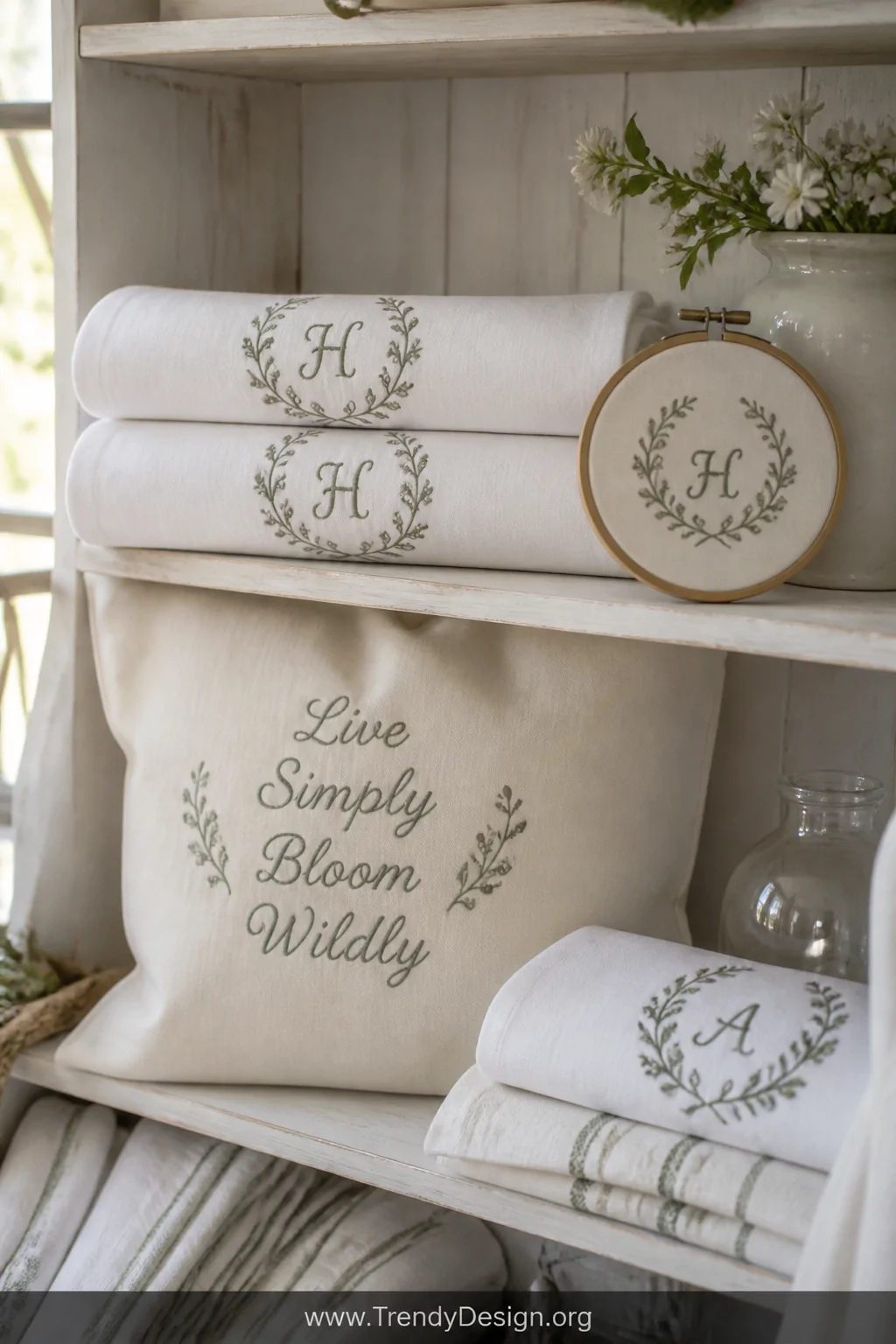A medium shot of a styled linen shelf displaying neatly folded white tea towels with delicate floral monogram embroidery in s
