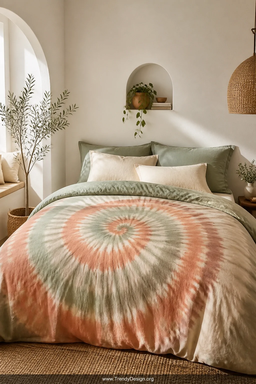 Wide shot of a beautifully made bed with an oversized spiral tie dye duvet cover in muted terracotta, sage, and cream tones, 