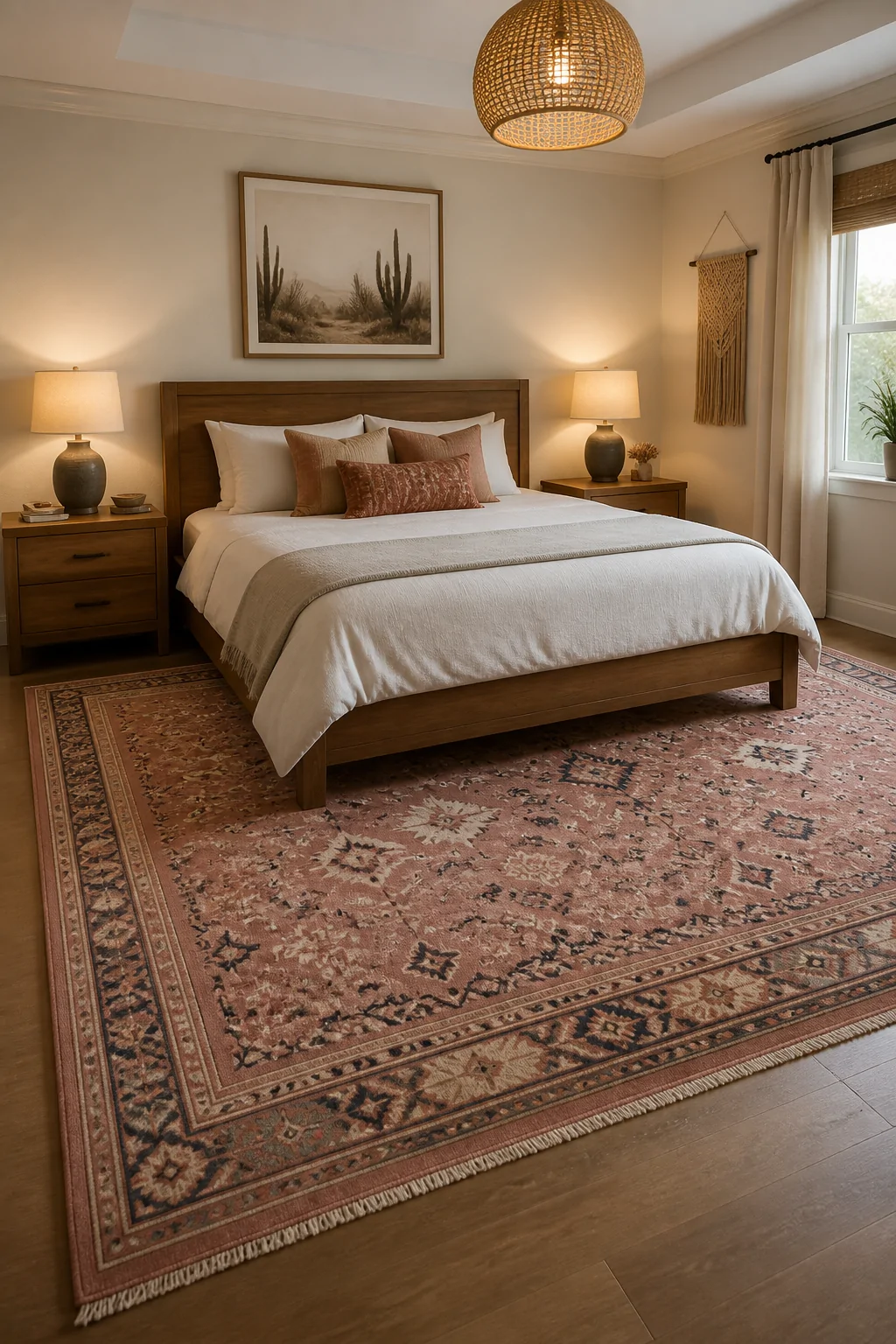 Wide-angle photorealistic bedroom shot showing a large pink boho rug centered under a wooden bed frame, extending well beyond