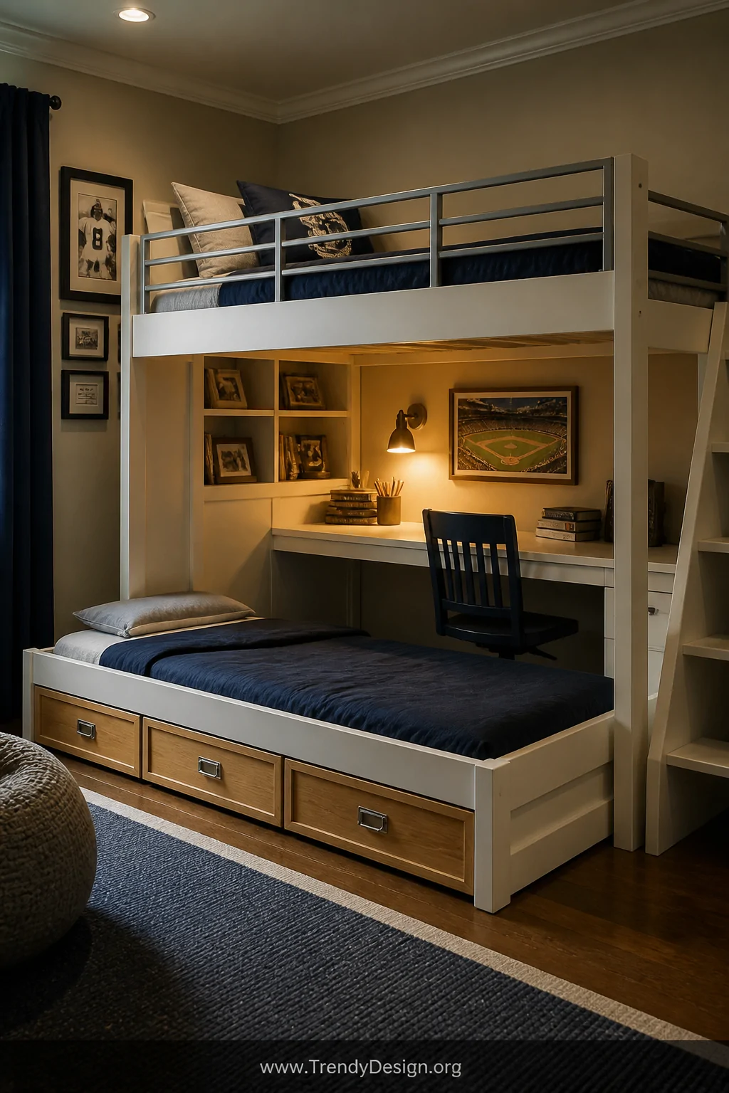 Wide-angle photorealistic interior shot of a boys bedroom featuring a sturdy white wooden loft bed with silver guardrails, a 
