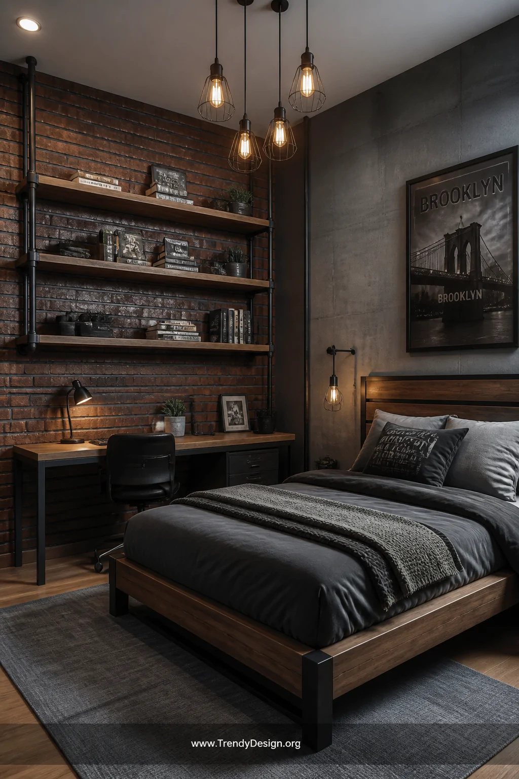 Medium photorealistic shot of an industrial loft-style boy's bedroom featuring exposed brick effect wallpaper on the main wal