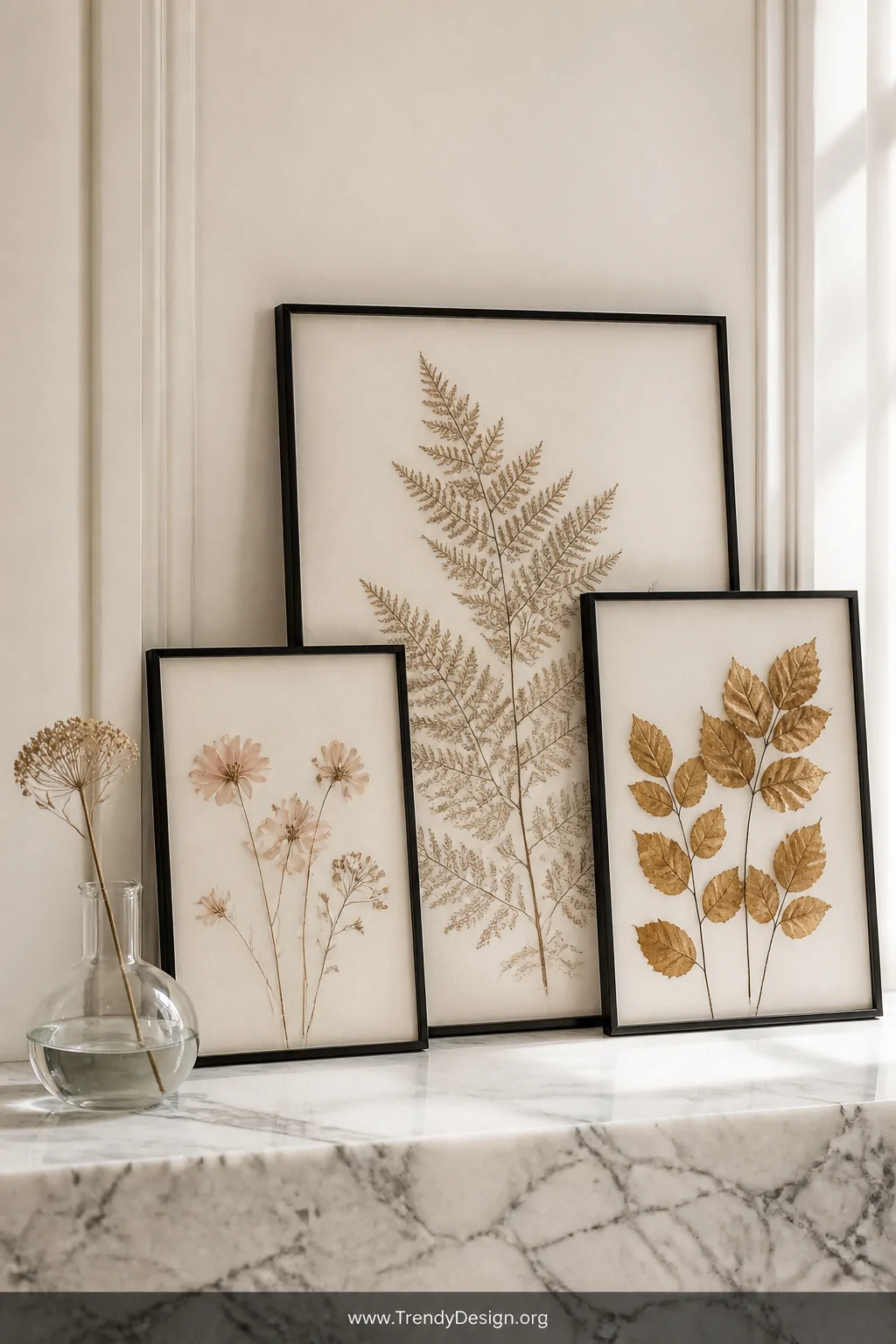 A bright airy vignette of pressed botanical art pieces in thin black frames leaning against a neutral warm white wall, featur