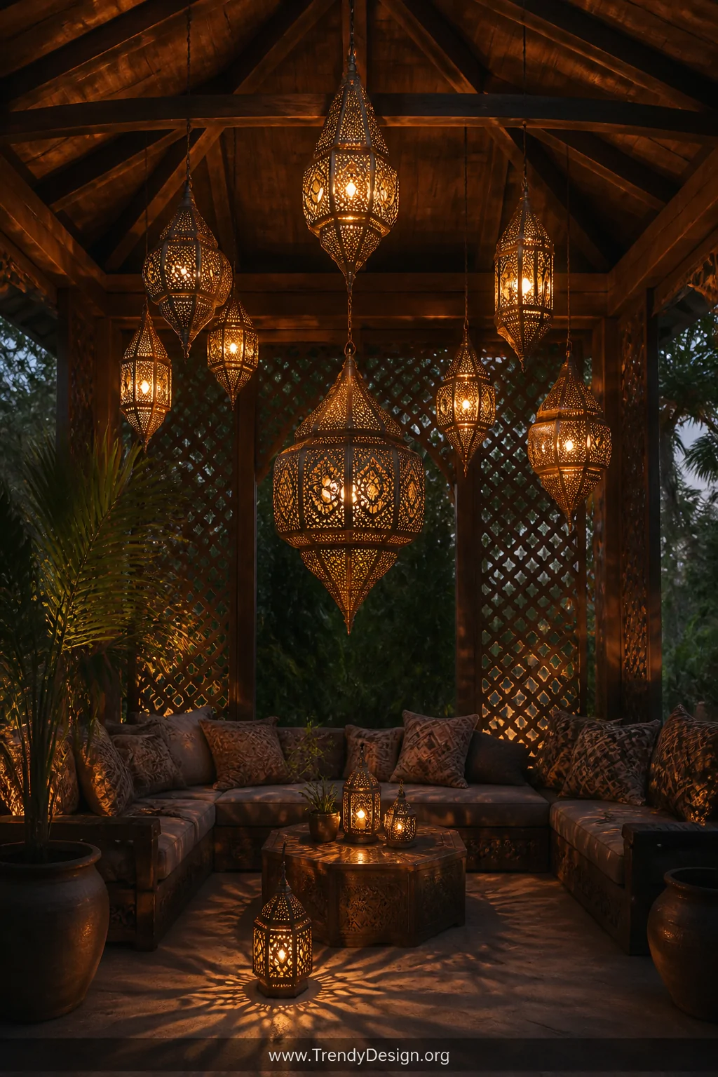 A medium shot inside a boho-styled gazebo with decorative Moroccan-style lanterns in brass and aged copper hanging at three d
