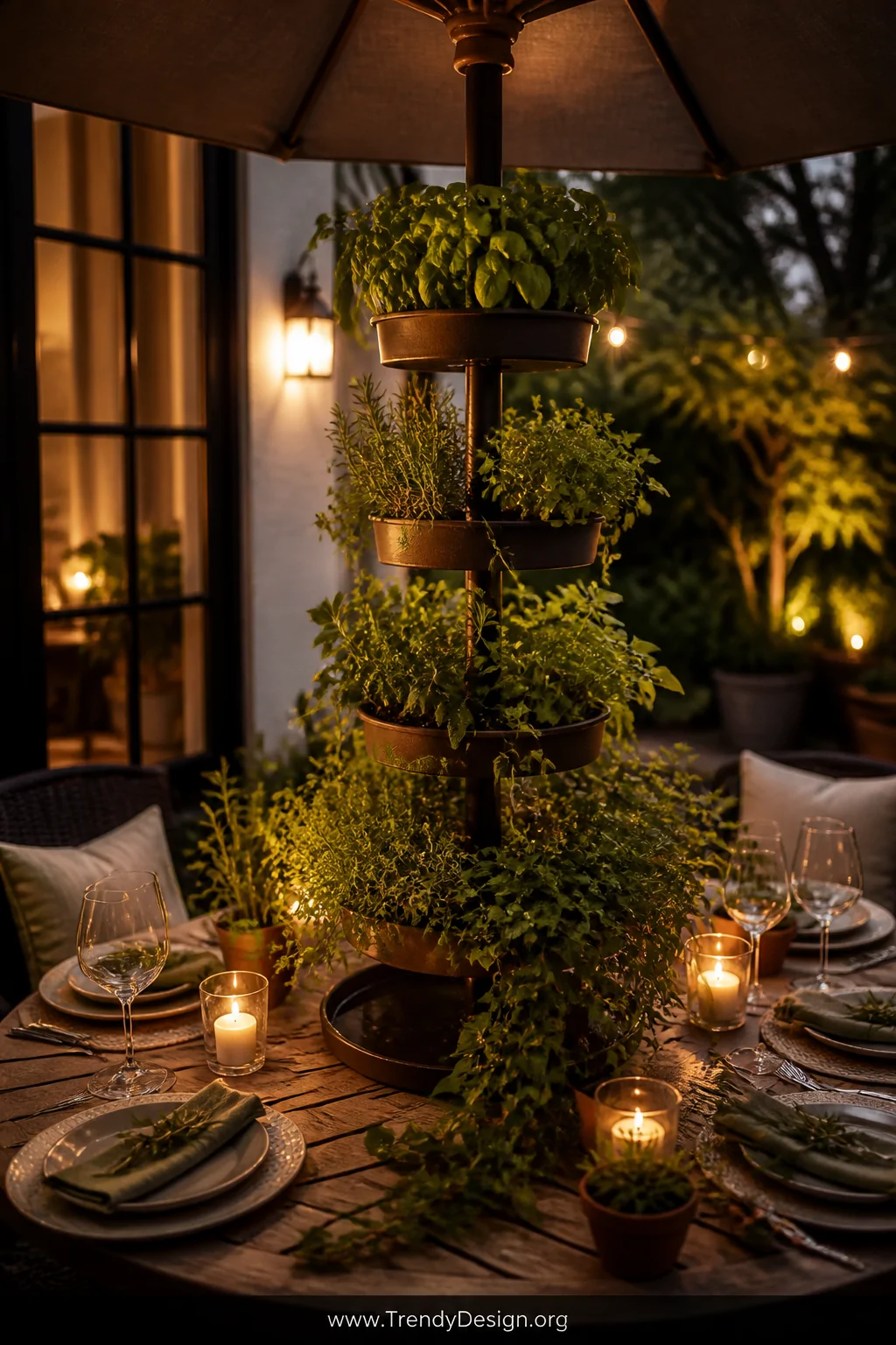 A wide atmospheric evening shot of an outdoor patio dining table with a tiered slim herb planter column rising through the ce