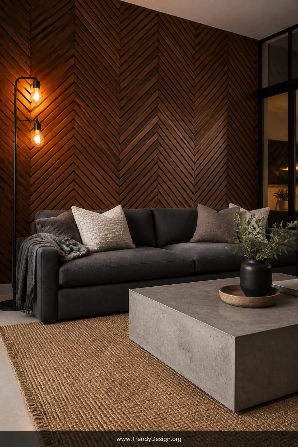Wide-angle photorealistic shot of a living room with a dramatic herringbone wood slat feature wall behind a low-profile charc
