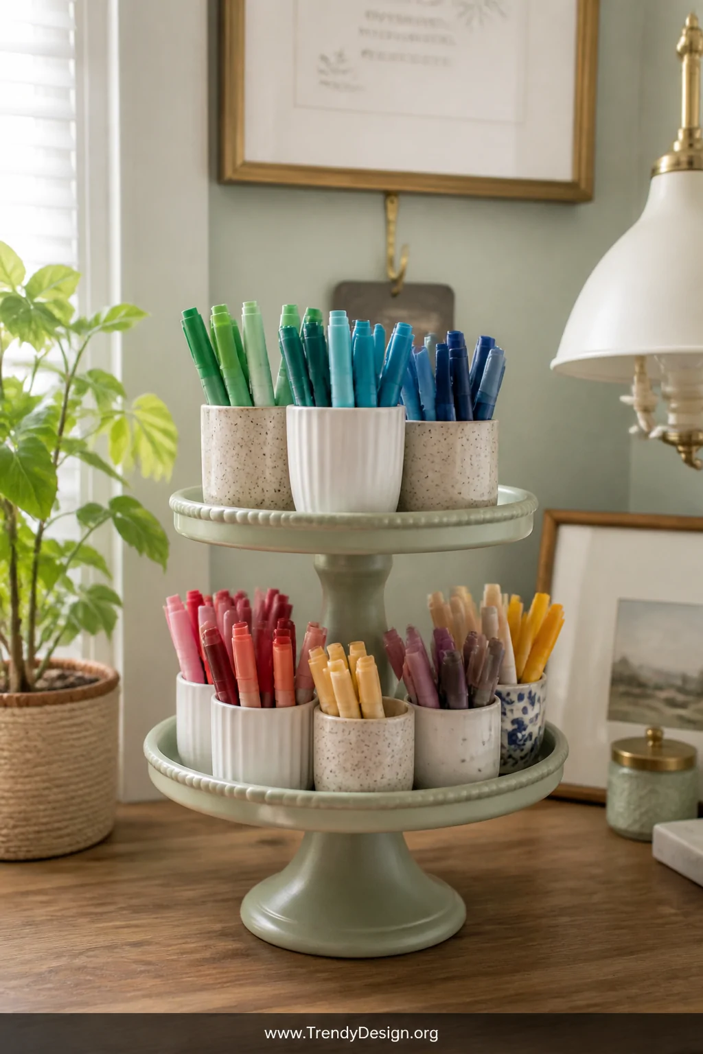 A closeup detail shot of a vintage white tiered ceramic cake stand on a wooden desk surface, small mismatched cups of varying
