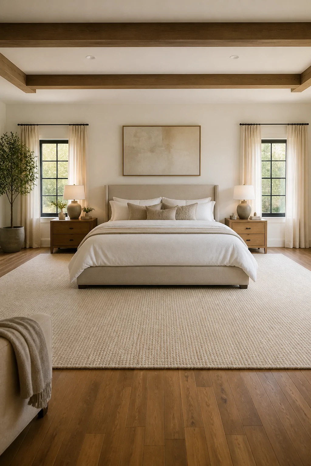 Wide-angle photorealistic shot of a spacious master bedroom with a king-size upholstered bed centered on a large 9x12 warm iv