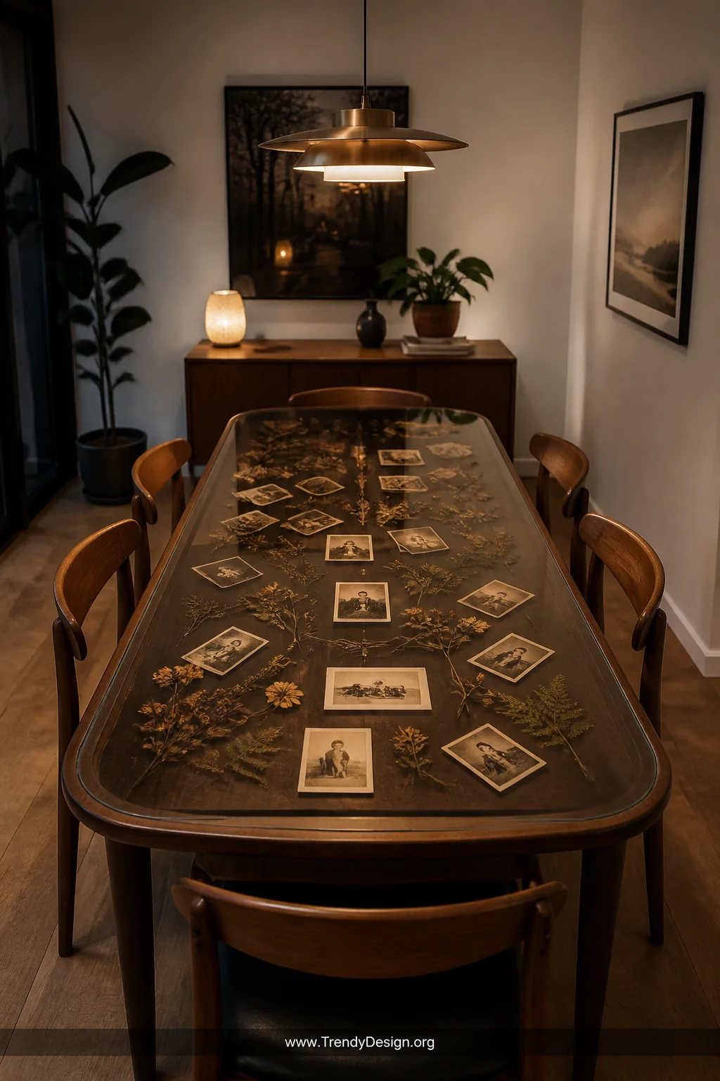 A wide room shot of a mid-century wooden dining table with a custom-cut smoked glass top resting over it, pressed dried flowe