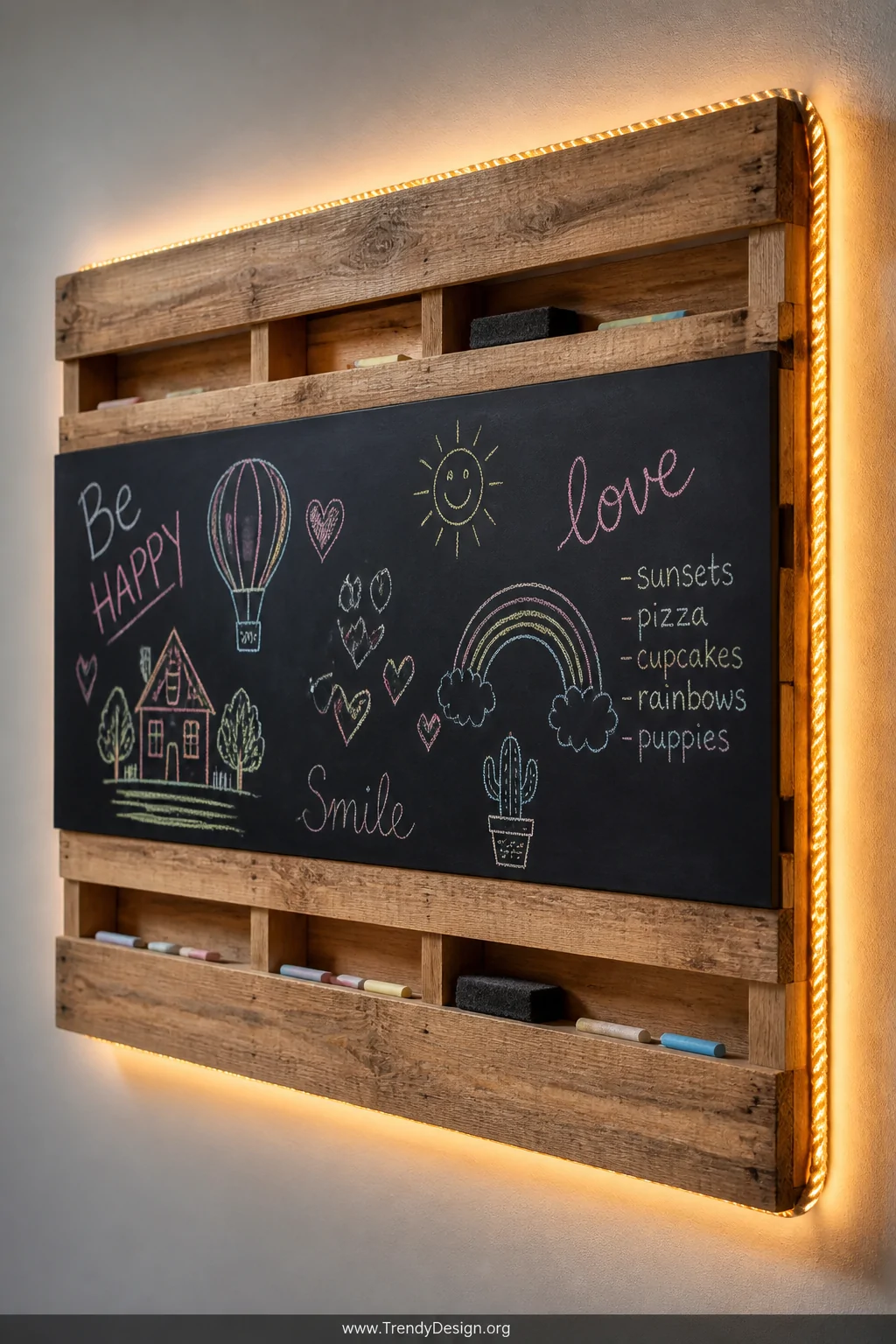 Close-up detail shot of a rustic wooden pallet mounted flat against a wall with a large smooth black chalkboard panel across 
