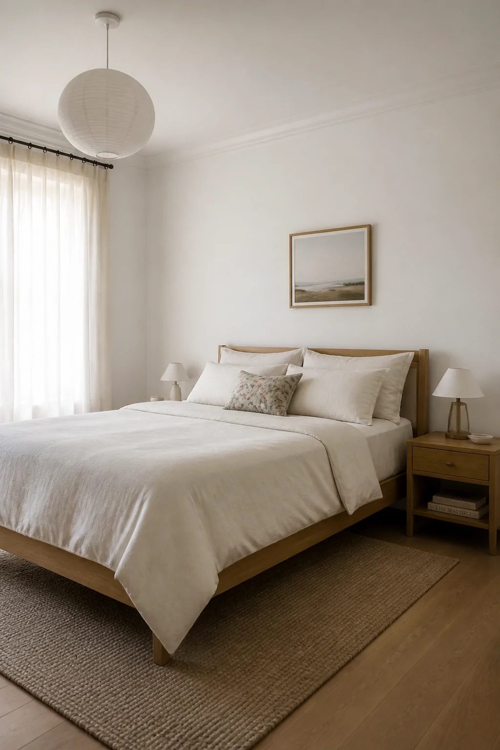 Wide shot of a serene bedroom with white-painted walls, warm off-white linen bedding, and a natural oak wood bed frame, soft 