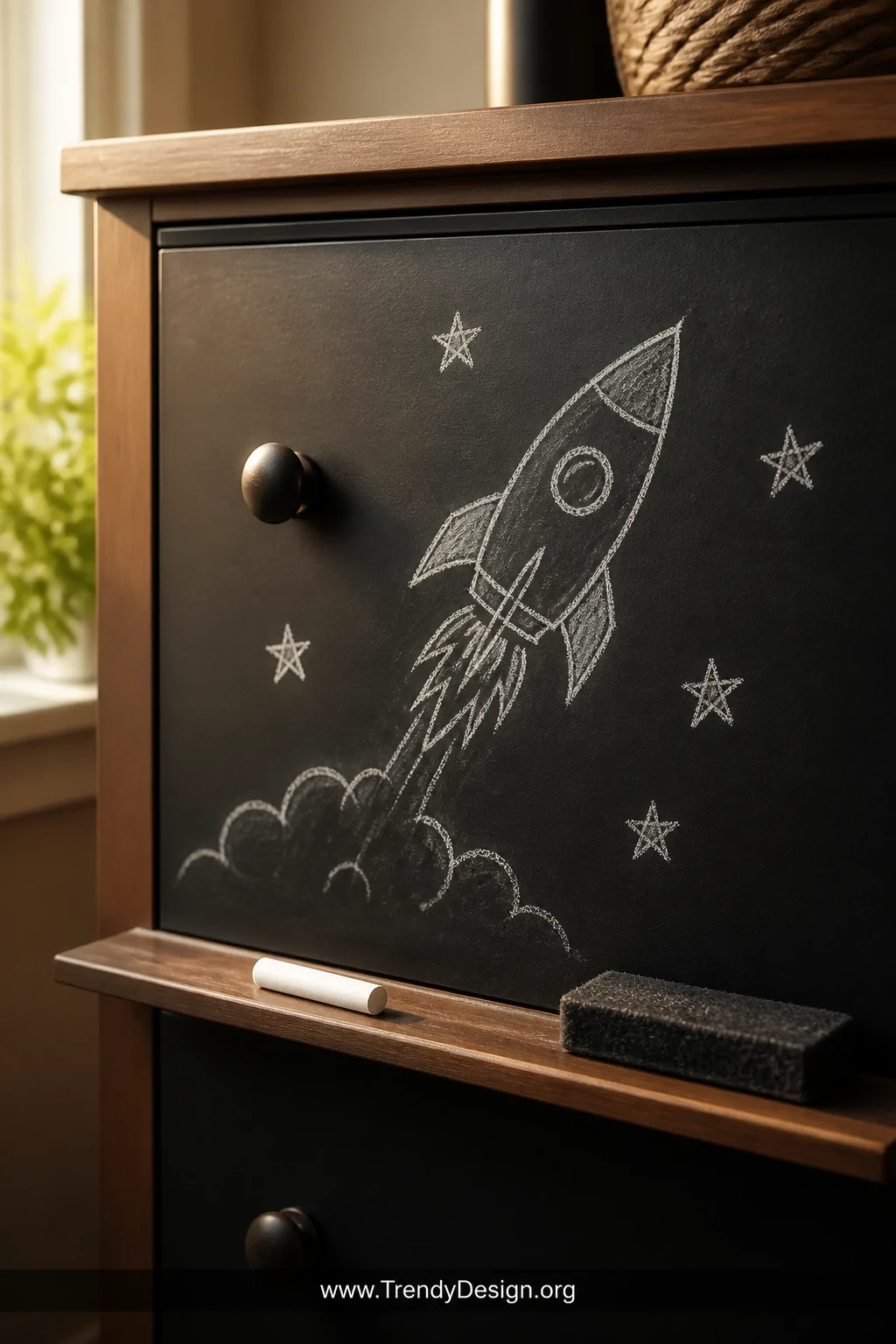 A close-up shot of a dresser top drawer front painted in smooth matte black chalkboard paint with a child's chalk drawing of 