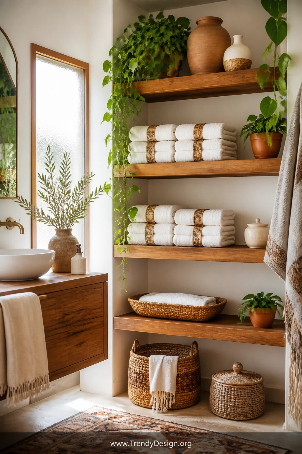 A wide shot of a bohemian bathroom open shelving unit displaying neatly stacked folded hand towels secured with small woven r