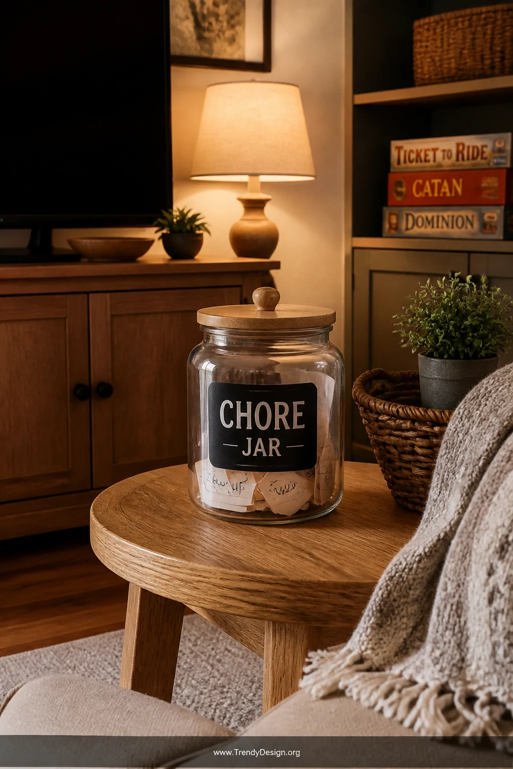 A warm medium shot of a cozy family living room corner featuring a single wooden chore jar placed on a round oak side table b